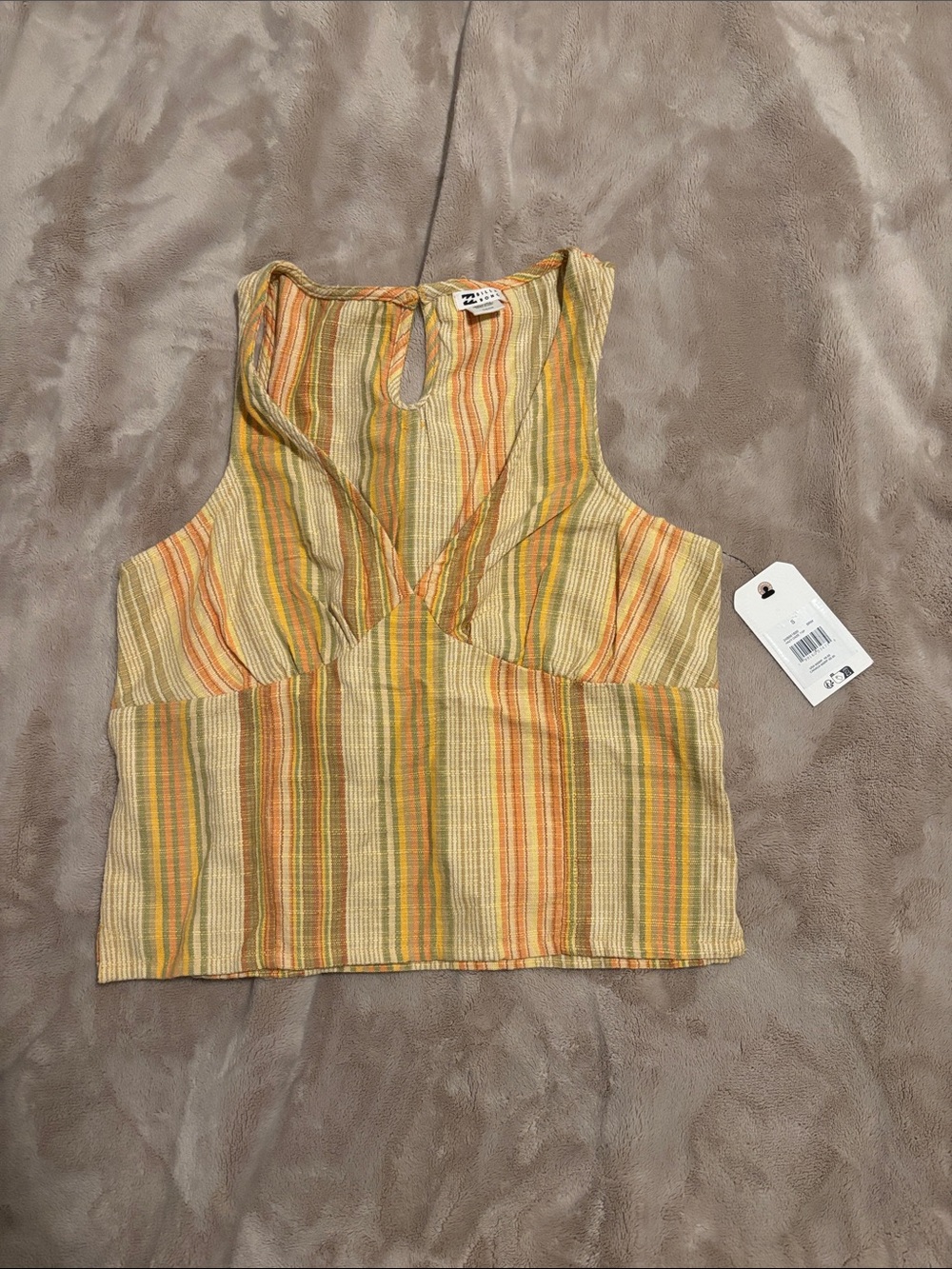 Billabong “Hazy Days” Striped V-Neck Cropped Tank - Yellow, Orange, Green